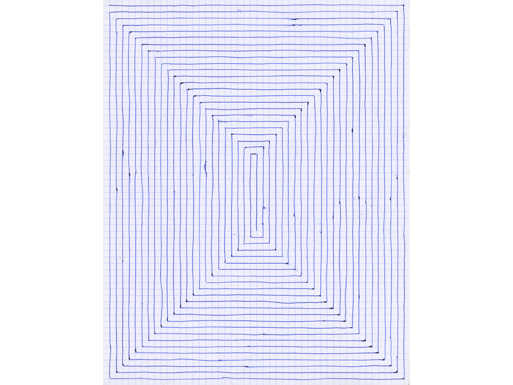 Claude Closky, ‘Untitled (concentric, spiral)’, 1991, blue ballpoint pen on grid paper, 2 drawings 30 x 24 cm.